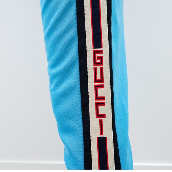 Men’s GUCCI Side-stripe Tapered-leg Jersey Track Pants In Blue - Picture 7 of 11
